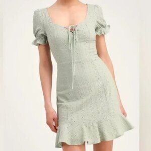 Lulu’s Rapunzel Sage Green Eyelet Lace Mini Dress